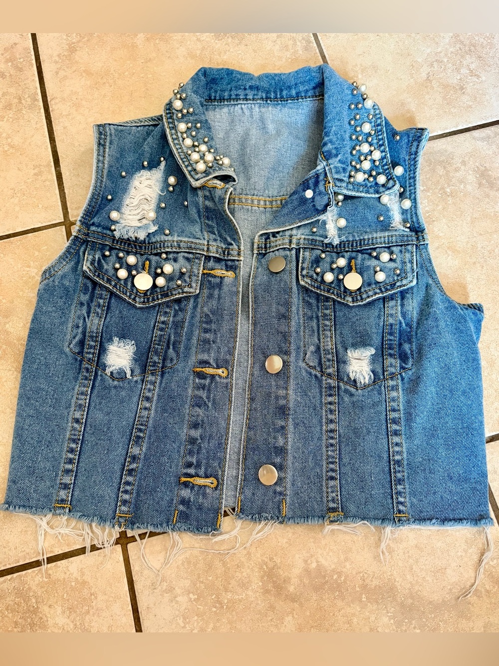 Girls' Pearl-Embellished Blue Denim Vest
